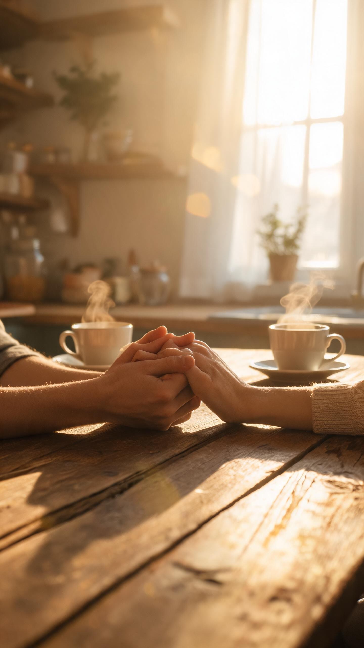 Two hands resting together on a wooden table in amber light