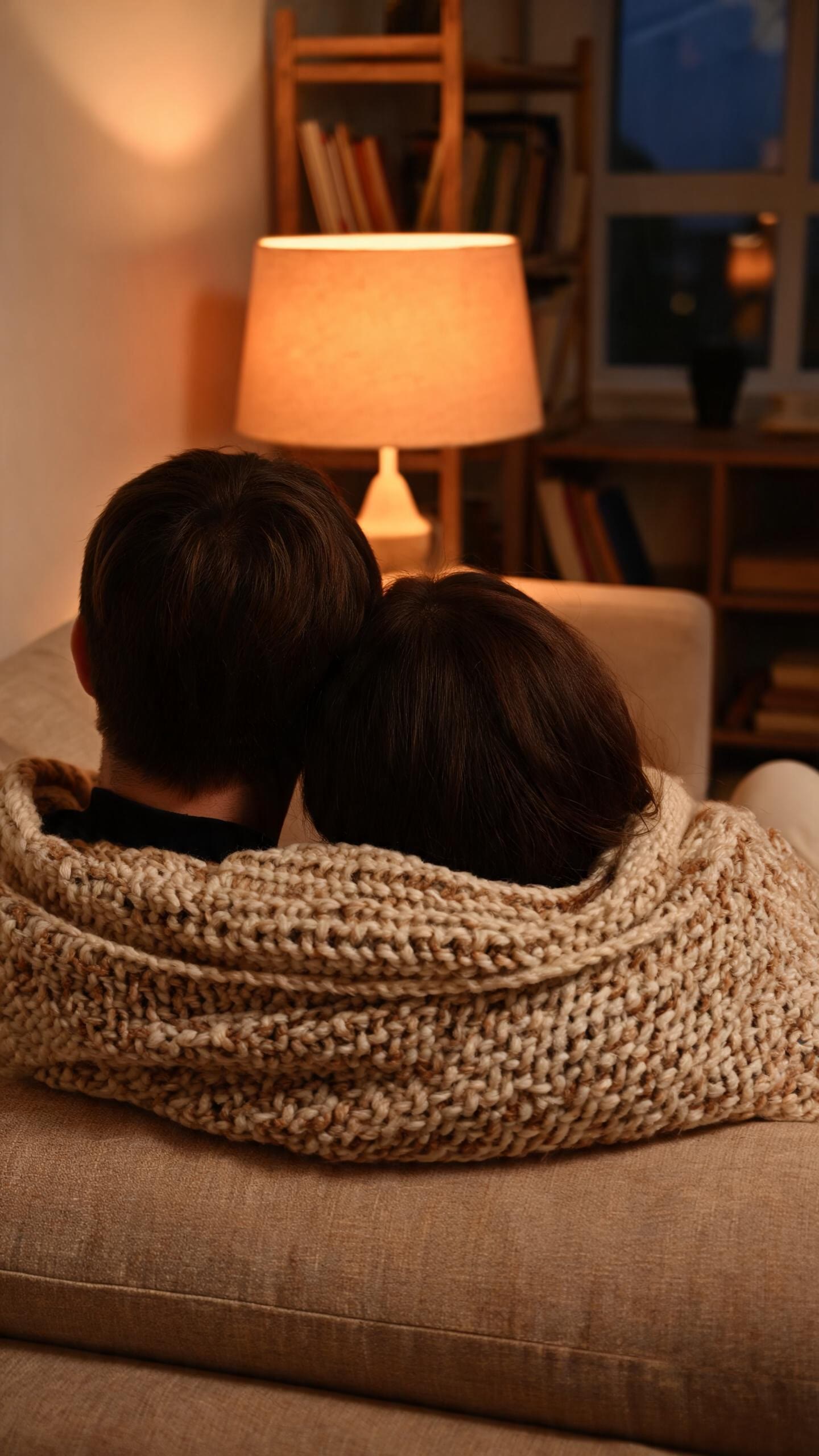 A couple in a warm, golden-lit living room, seen from behind