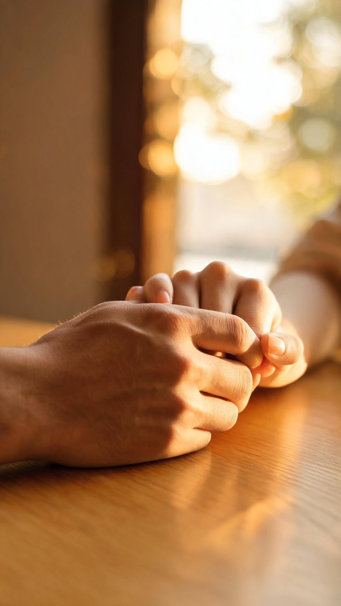 Two hands gently held, warm light